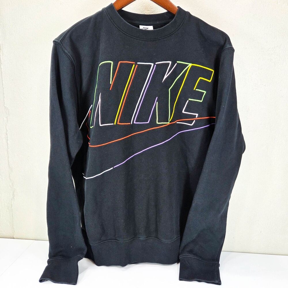 Nike Black Crewneck Sweatshirt Multicolor Embroidered Outline Logo Mens Sz S